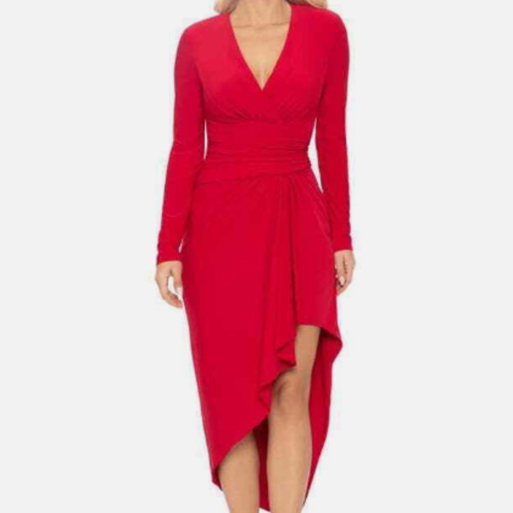 Xscape Asymmetric Long Sleeve V-Neck Faux Wrap Midi Red Dress Sz 6